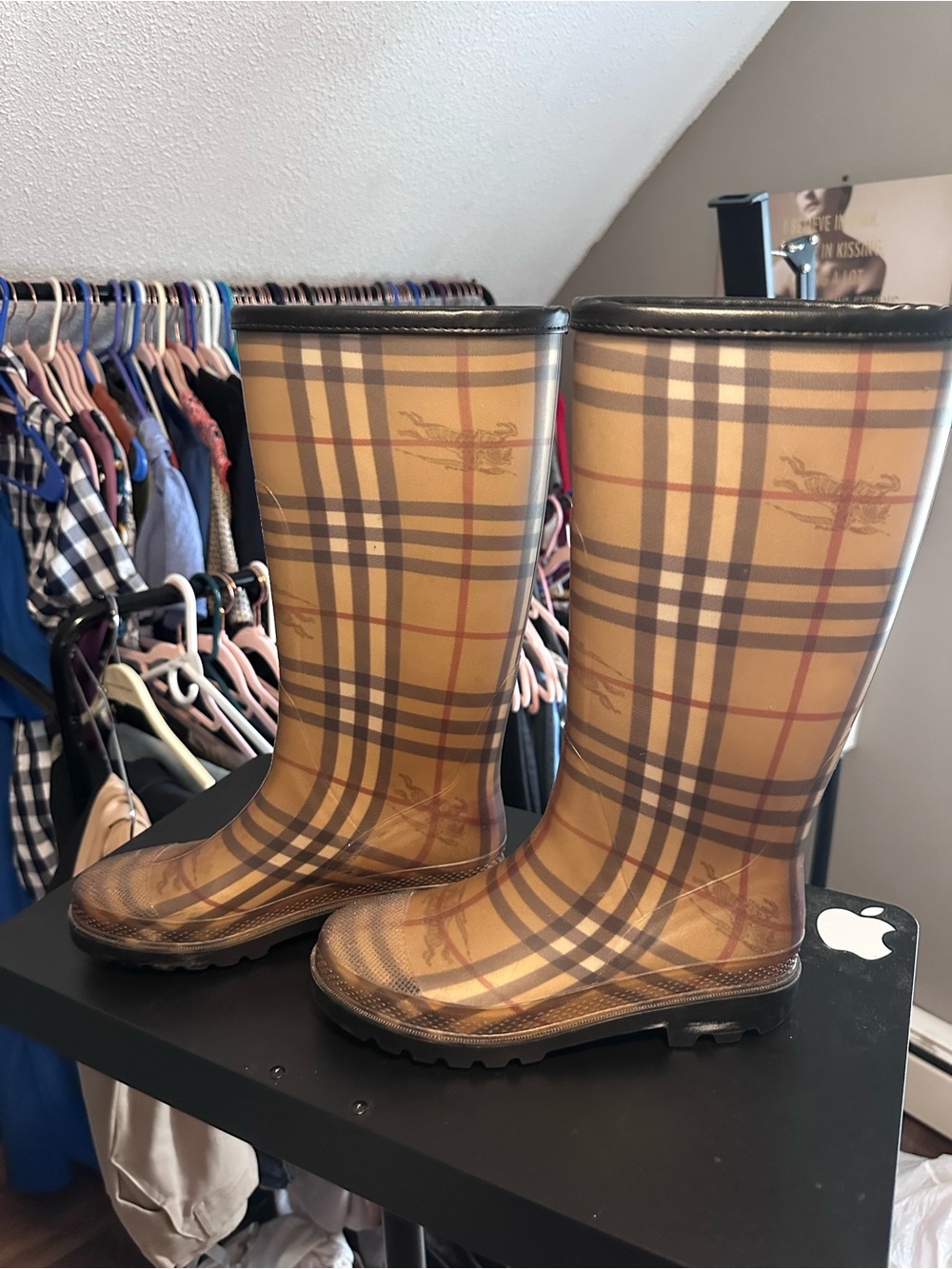 Burberry Tan Plaid Rubber Rain Boots
